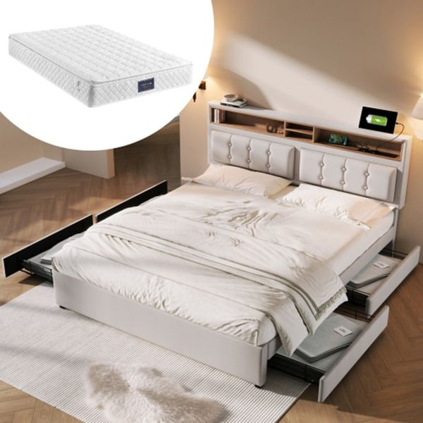 Seng 140x200cm - MUVOE - Justerbar hovedgærde - 4 skuffer - USB-C stik - Madras inkluderet
