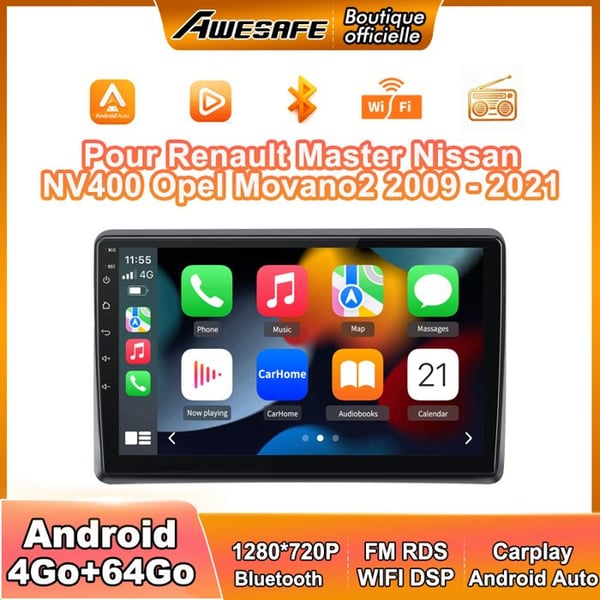 AWESAFE Autoradio Android 13 4Go+64Go för Renault Master Nissan NV400 Opel Movano2 2009-2021 10'' Skärm Carplay Android Auto