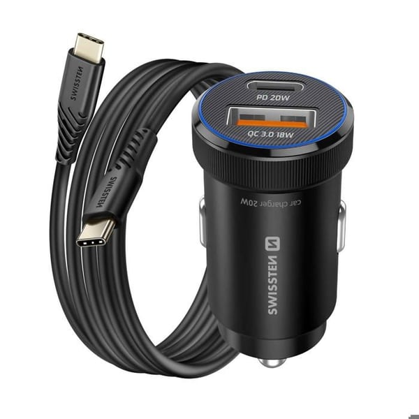 USB-C bil laddare 20W - SWISSTEN - Svart - USB-C kabel 1m - Dubbel port - Universell