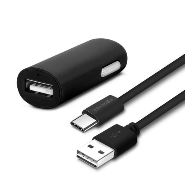 Bil-laddare - Forever - Snabbladdning 2A - USB Typ C-kabel 1.2m - Svart - Säkerhetscertifierad
