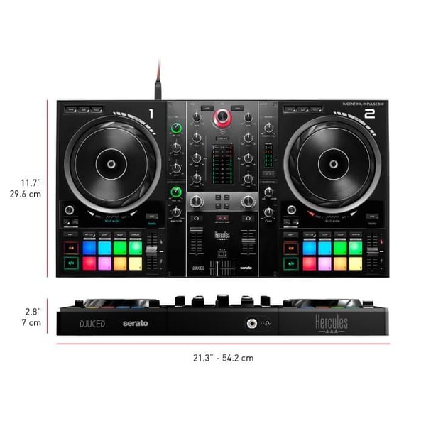 HERCULES DJCONTROL INPULSE 500 - DJ-ohjain - Sisäänrakennettu ääni- ja mikserilaitteisto - 16 taustavalaistua (RGB) nappia - Musta