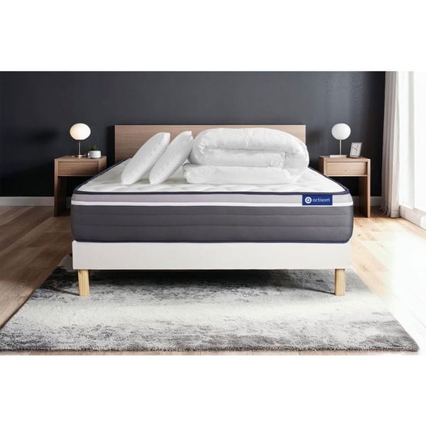 Komplett sängpaket 140x190 cm - Madrass + Sängbotten Vit (i kit) + 2 kuddar + Täcke - Actiflex Pl