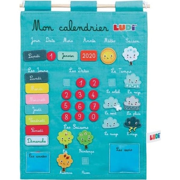 LUDI - Blå kalender för barn från 3 år. Broderad tygpanel 53 x 38 cm och väggbeklädnad - 45 avtagbara etiketter LUDI - Blå kalender för barn från 3 år. Broderad tygpanel 53 x 38 cm och väggbeklädnad - 45 avtagbara etiketter