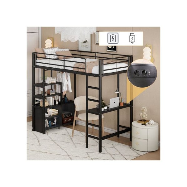 Lit haut - MUVOE - 90x200cm - Integreret skrivebord - Elektrisk stik og USB - Sort