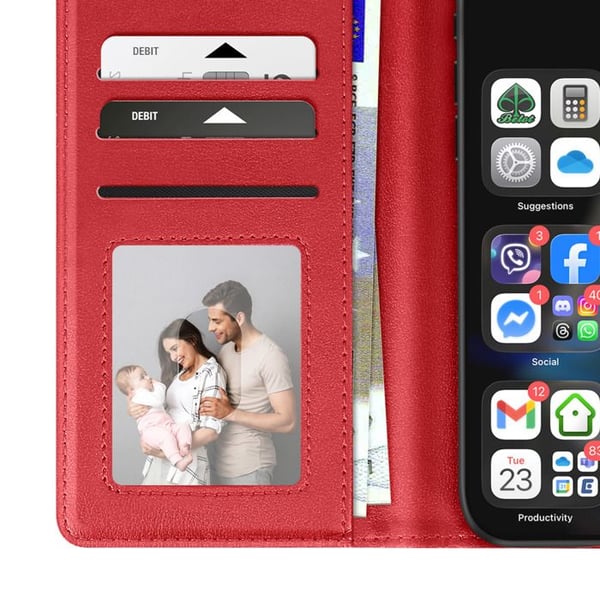 Premium Läder Plånboksfodral för iPhone 17 Pro med Ställfunktion Röd