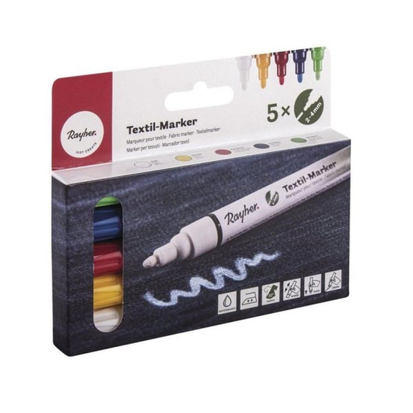 Textilmärkare - RAYHER - Kit 5 delar - Spets 2-4 mm - Tvättbar opak färg 30°C - Flerfärgad