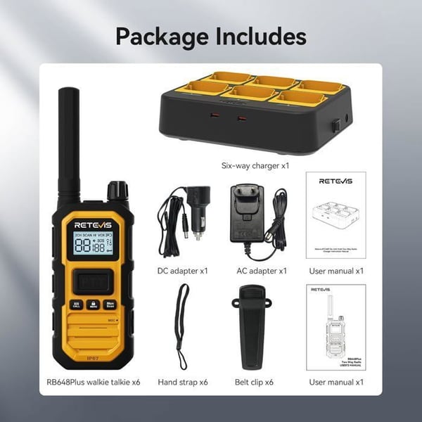 Retevis RB648P Talkie-Walkie Vattentålig IP67, Lång Räckvidd, 6-Vägs Laddare, Gruppsamtal, 2000mAh, med LCD-Skärm för Byggarbetsplats