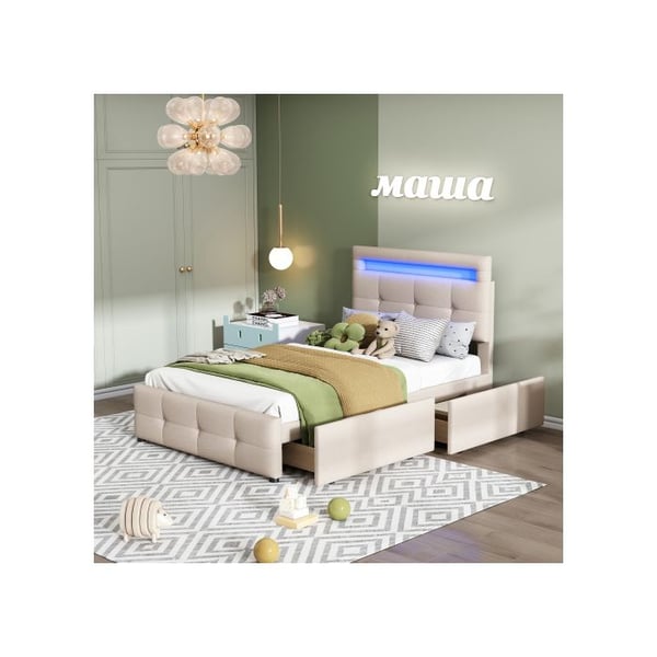 Seng 90x200 cm - MUVOE - Polstret - LED-belysning - 2 skuffer - Beige