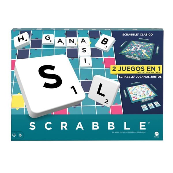 Sällskapsspelet Scrabble 2 i 1 - Mattel Games - Spanskt antal - 35.5x35.5 cm - Familjeutgåvan - 4 spelare