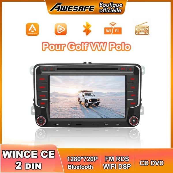 AWESAFE Bilradio GPS Navigatör för Golf VW Polo Bil 7 Tum huvudstereoenhet 2 Din med CD DVD FM RDS-spelare