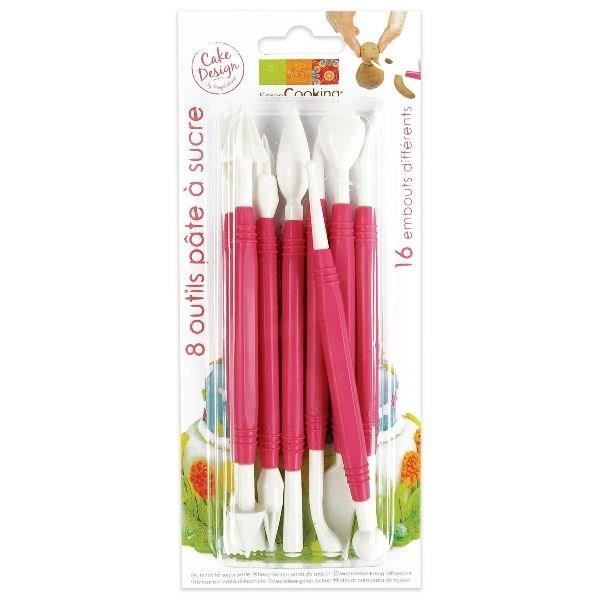 Verktyg för sockerpasta - SCRAPCOOKING - 8-pack - Dubbeländar (16 funktioner) - Vit/Rosa