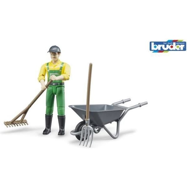 Figurine bonde med skottkärra och tillbehör
