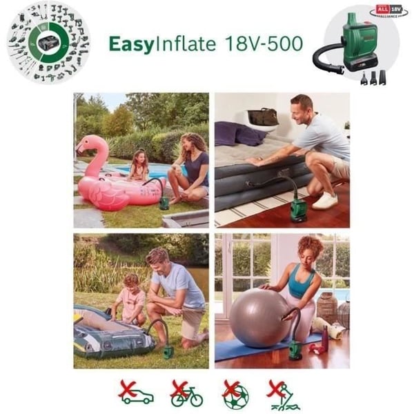 BOSCH Easyinflate 18V-500 trådlös pump levereras med 3 luftmunstycken, slang 50 cm, textilväska utan batteri eller laddare 0603947200