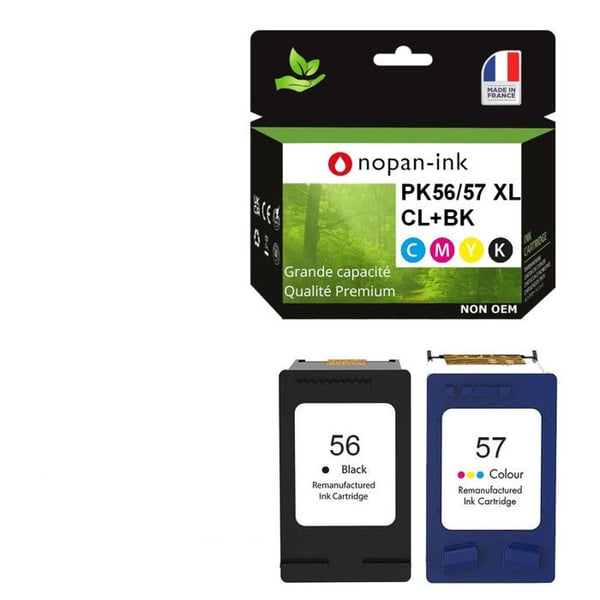Pack med 2 återvunna kompatibla HP 56+57 XL Svart & Färg - 22/18 ml - NOPAN-INK