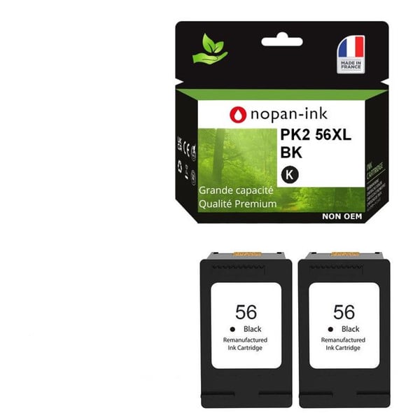 Packa 2 återvunna bläckpatroner NOPAN-INK HP 56XL Svart - 22 ml, kompatibla med HP-skrivare