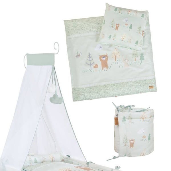 Låsbart Spädbarnsbed med Fullständig Sängkläder 40 x 90 cm ROBA - Woodland Buddies - Med Bromsade Hjul - Vit / Skogstema