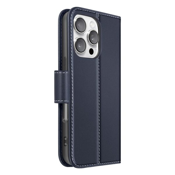 Plånboksfodral för iPhone 16 Pro Max i premiumläder med ställfunktion i midnattsblå