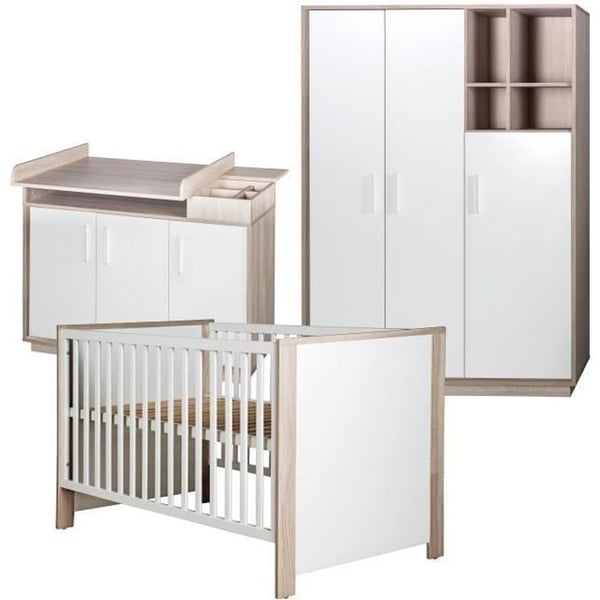 Komplett Babyrum Olaf - ROBA - Evolutiv Säng + Skötbord + Garderob med 3 Dörrar - Vit / Trälook