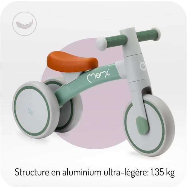 MoMi TEDI – Lättviktig Baby Löpcykel utan Pedaler – 1,35 kg – Aluminiumsram – 1 till 3 År – Grön