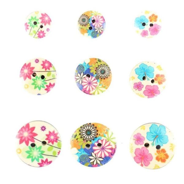 MégaCréa DIY - Träknappar med blommönster B 1,5 till 2,5 cm 9 stycken