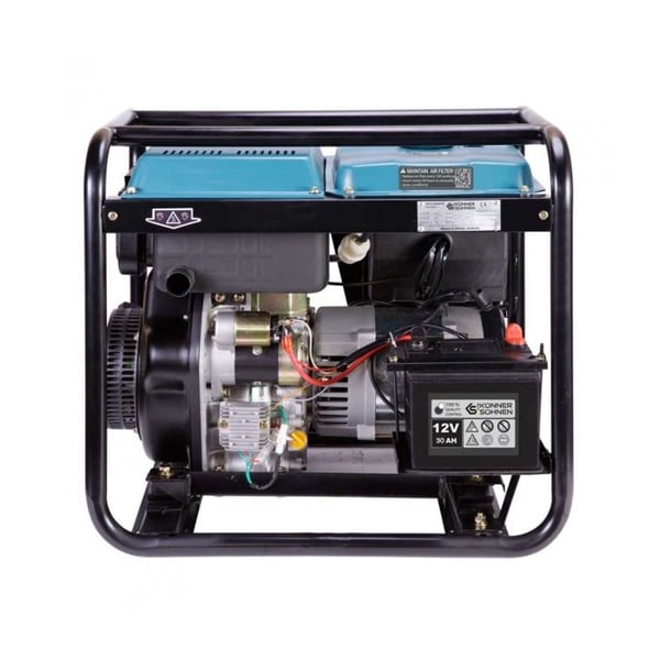 Dieselgenerator KS 8100HDE med en max/nominal effekt på 6500W/6000W, 1x16A, 1x32A (230V), automatisk spänningsregulator.