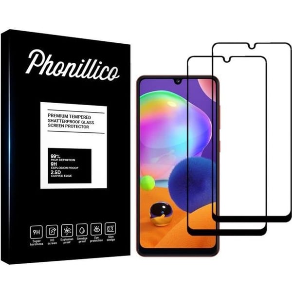 Härdat Glas för Samsung Galaxy A31 [Pack 2] Transparent Film Svart Kant Skärmskydd Phonillico®