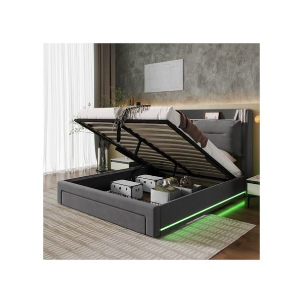 Seng til gæster - MUVOE - 140x190 cm - Grå velour - Justerbar LED - Multifunktionel opbevaring