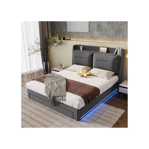 Seng til gæster - MUVOE - 140x190 cm - Grå velour - Justerbar LED - Multifunktionel opbevaring