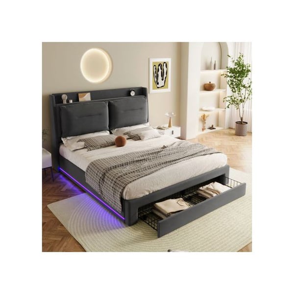 Seng til gæster - MUVOE - 140x190 cm - Grå velour - Justerbar LED - Multifunktionel opbevaring