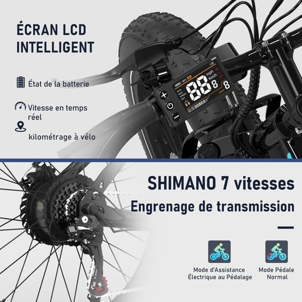 HITWAY sähköpyörä VAE, sähköinen maastopyörä, 26" x 4.0 kaupunkipyörä, irrotettava litiumakku 48V15AH, Shimano 7 vaihdetta