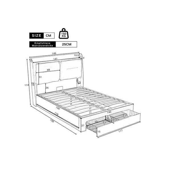 Seng til gæster - MUVOE - 140x190 cm - Grå velour - Justerbar LED - Multifunktionel opbevaring