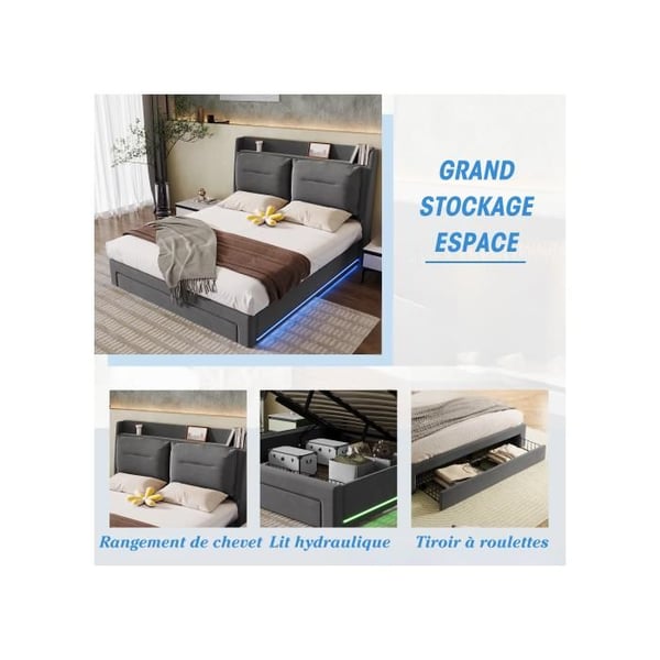 Seng til gæster - MUVOE - 140x190 cm - Grå velour - Justerbar LED - Multifunktionel opbevaring