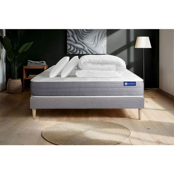 Komplett sängpaket 140x190 cm - Madrass + Sängbotten Grå (i kit) + 2 kuddar + Täcke - Actimemo Dre