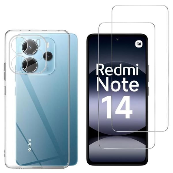 Skal och skärmskydd - Phonillico® - Xiaomi Redmi Note 14 4G (Global Version) - Mjuk - Transparent - 2 Härdade Glas