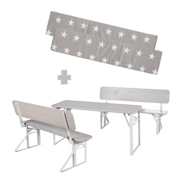Ensemble Bord och 2 Fällbara Bänkar med Ryggstöd för Barn - Roba - 2 Kuddar Inkluderade - 4 Platser - Massiv Trä - Grå