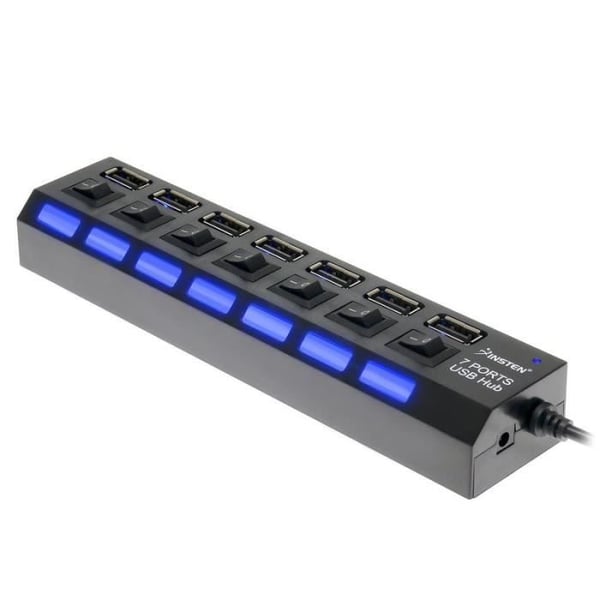 Hub Multiprise - INSTEN - 7 porte USB 2.0 - Høj hastighed - Tænd/sluk knapper - Sort