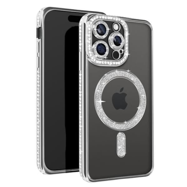 Diamantfodral för iPhone 15 Pro Max - AVIZAR - Silver Rhinestone Outline - Stel - Syntet - Blandat
