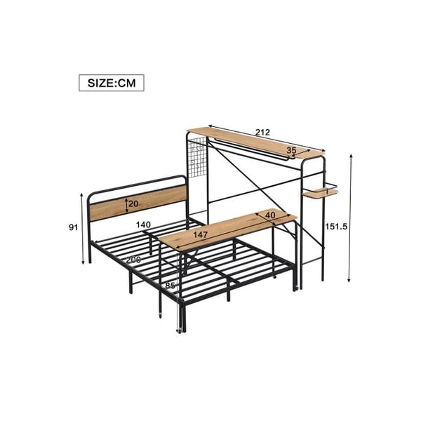 Metal seng, flad seng + bord + vertikal tøjstativ, metalramme, metal + MDF, sort + naturlig, 140x200