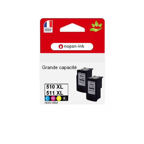 PG 510 + CL 511XL tillverkad i Frankrike, 2 återvunna bläckpatroner för CANON PG510 + CL511 XL Svart / Färg kompatibel med Pixm