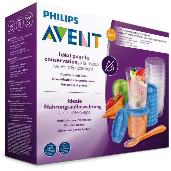 Set med förvaringsburkar - PHILIPS AVENT - Puréer - 10x180ml + 10x240ml + 20 lock + Avvänjningssked + Recept