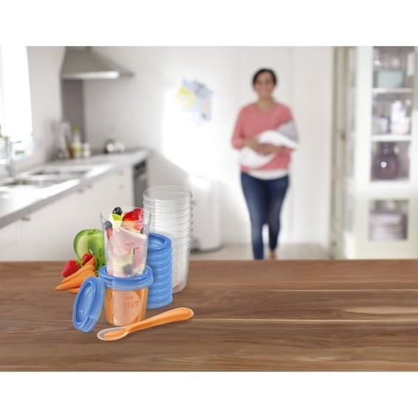 Set med förvaringsburkar - PHILIPS AVENT - Puréer - 10x180ml + 10x240ml + 20 lock + Avvänjningssked + Recept