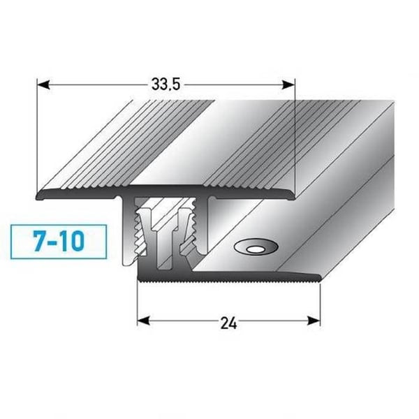 Klipset tröskelbar i anodiserad aluminium, utseende stål, L 1000 mm, l 33,5 mm, H 7 - 10 mm, borrad
