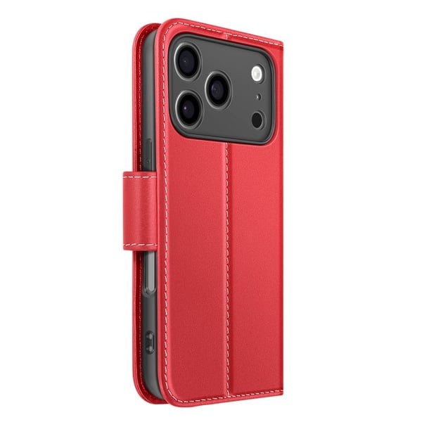 Premium läder plånboksfodral för iPhone 17 Pro Max med ställfunktion i röd