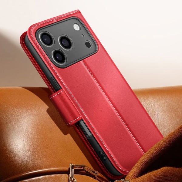 Premium läder plånboksfodral för iPhone 17 Pro Max med ställfunktion i röd