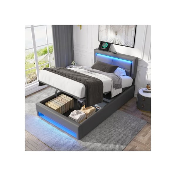 Polstret seng - MUVOE - 90 x 200 cm - USB - LED-belysning - Opbevaringsplads