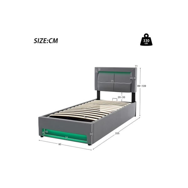 Polstret seng - MUVOE - 90 x 200 cm - USB - LED-belysning - Opbevaringsplads