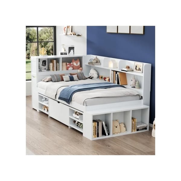 Seng simple - MUVOE - 90x200 cm - Hvid - Multifunktionel - Med skuffer