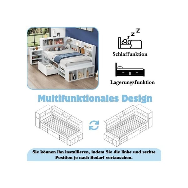 Seng simple - MUVOE - 90x200 cm - Hvid - Multifunktionel - Med skuffer