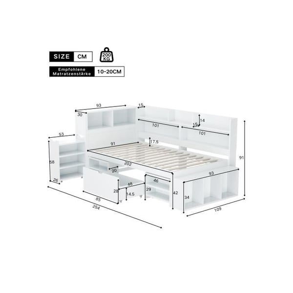 Seng simple - MUVOE - 90x200 cm - Hvid - Multifunktionel - Med skuffer
