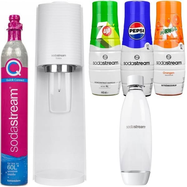 Maskin som gör kolsyrat vatten - SodaStream - Terra - Flaska 1L - 3 Siroper Pepsi 7Up Mirinda - Vit